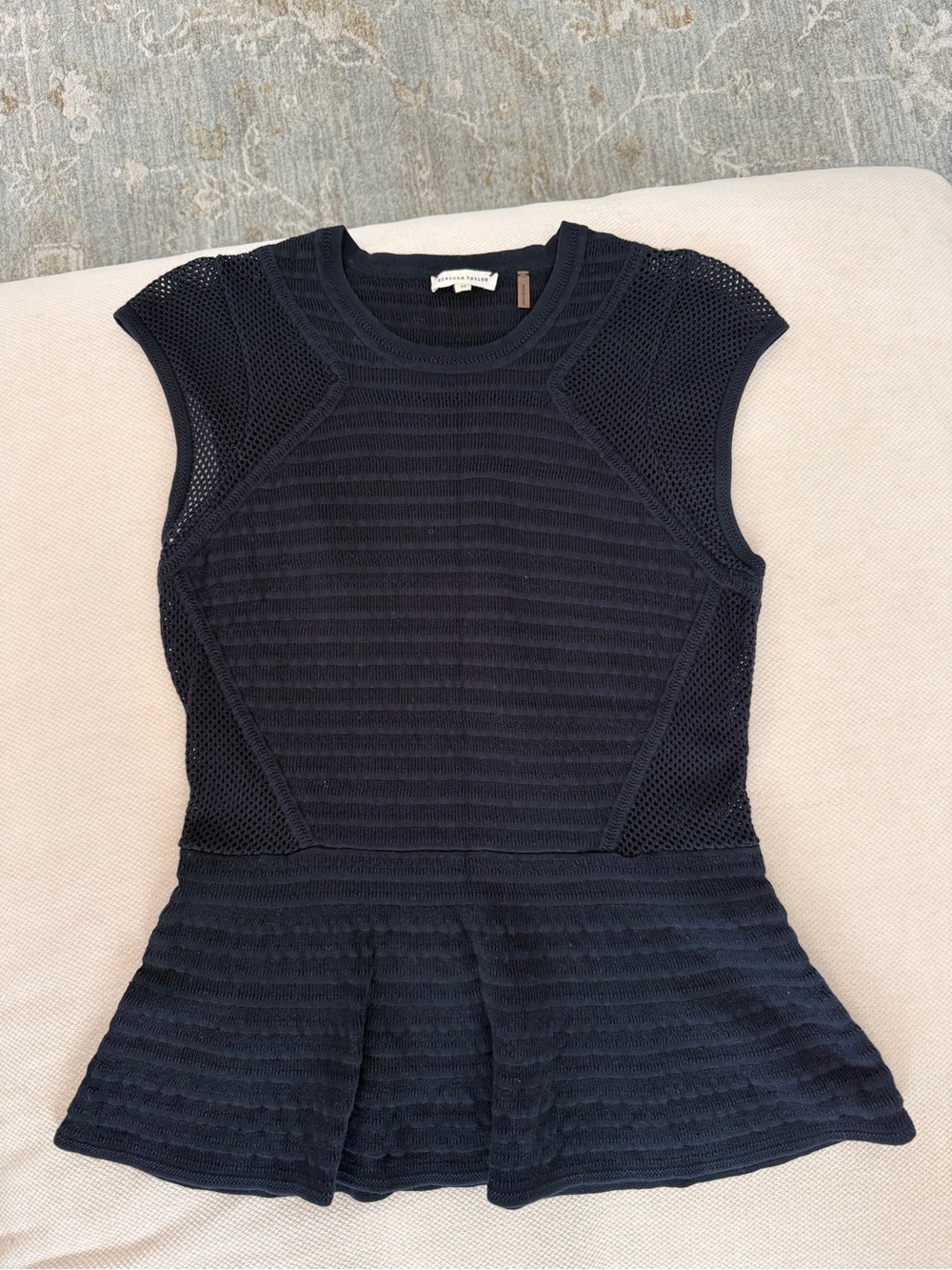 Rebecca Taylor Navy Knit Peplum Cap-Sleeve Top